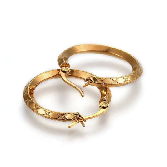 Crossed Ribbed Hoop Pierced Post Earrings Gold Tone Large Round Stainless Steel - Picture 9 of 13